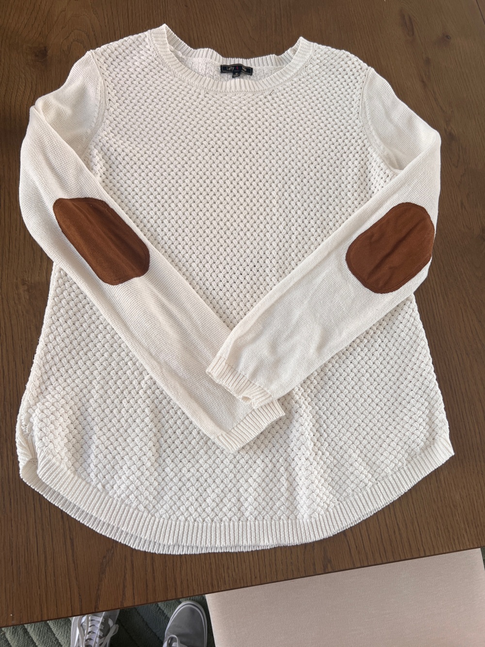Women’s Cream Knit Sweater with Brown Elbow Patches